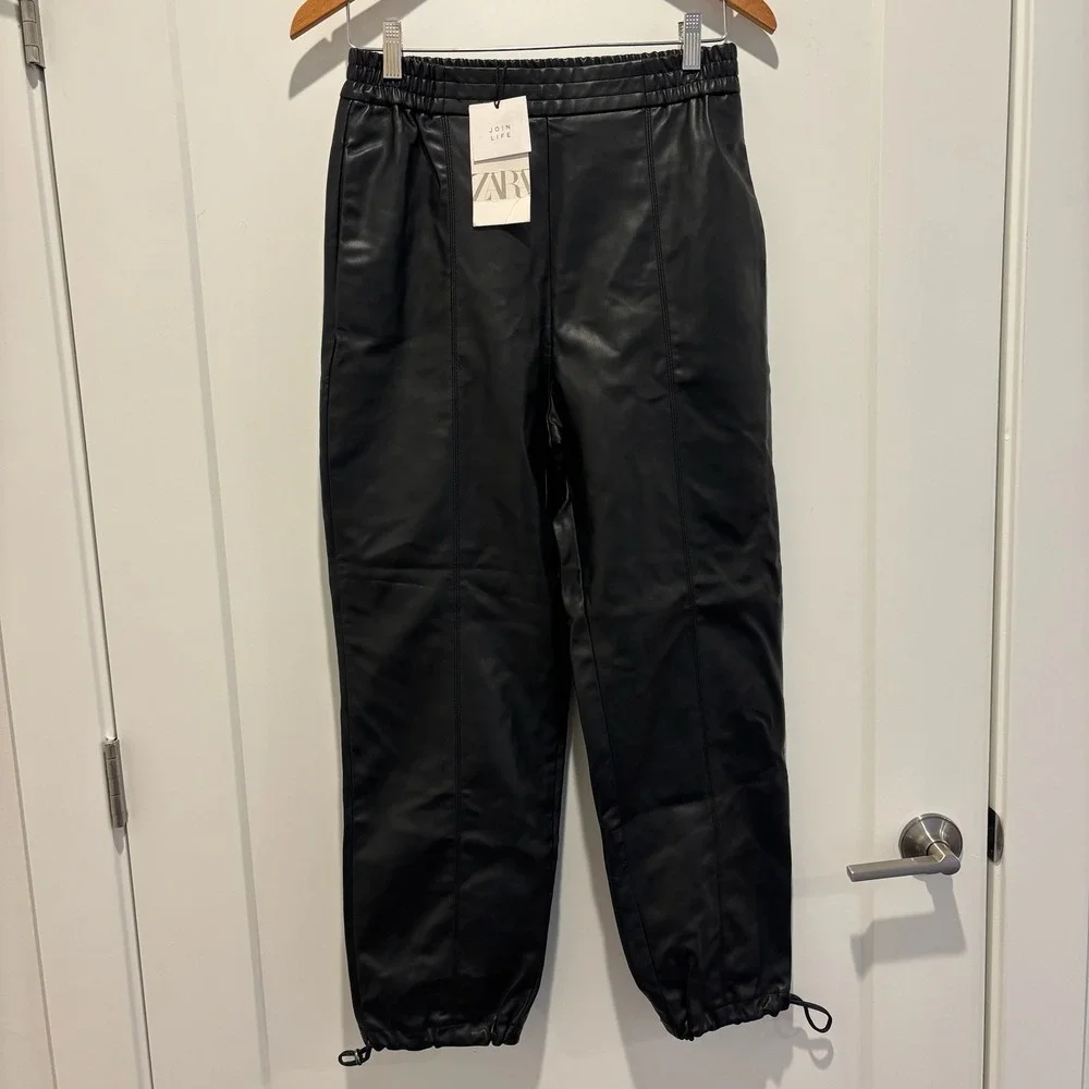 Zara NWT Women Faux Leather Jogger Pants Black Elastic Waist Drawstring Small - Picture 1 of 10